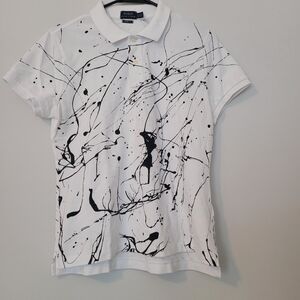 Polo Ralph Lauren White Polo Black Paint Splatter Size Large Skinny Fit Womens